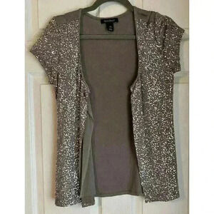 White House Black Market Bling SEQUIN PARTY Drape Open-Front CARDIGAN Silver